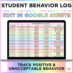 Puede incluir: Un registro digital de comportamiento estudiantil que se muestra en la pantalla de una computadora portátil. La hoja de cálculo se titula "Student Behavior Tracker" e incluye columnas para el nombre del estudiante, la fecha, la hora, la ubicación, el período de clase y el comportamiento.