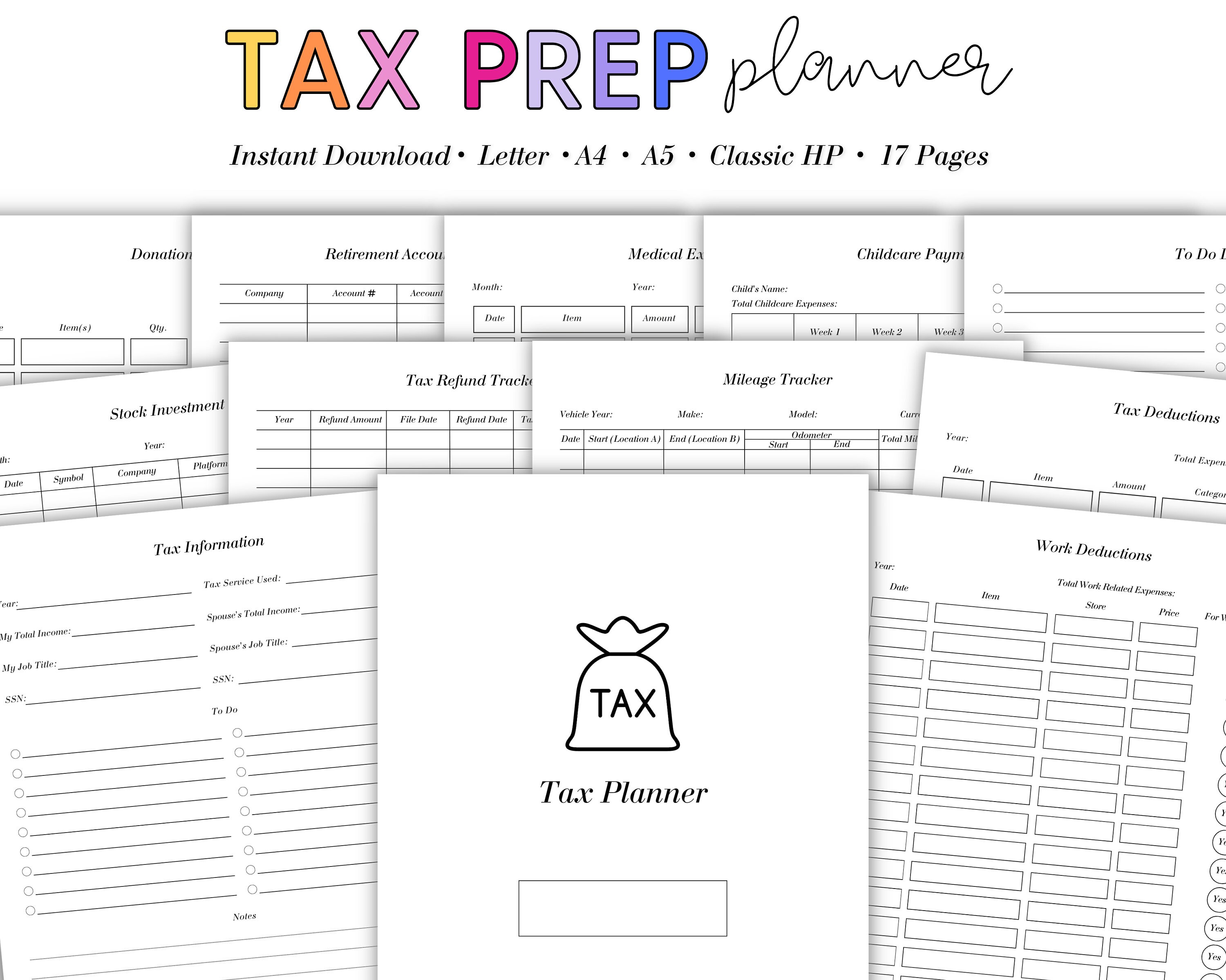 Tax Planner Printable, Tax Donations, Job Expense Tracker, Printable ...