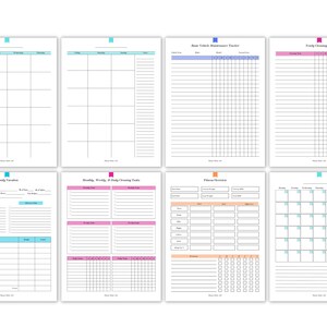 May include: Printable planner pages with a variety of layouts, including a family calendar, a cleaning schedule, a vehicle maintenance tracker, a fitness tracker, and a family function planner. The pages are designed with a minimalist aesthetic and feature pastel colors.