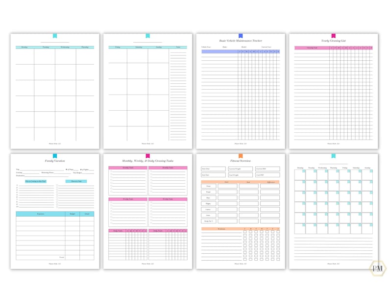 May include: Printable planner pages with a variety of layouts, including a family calendar, a cleaning schedule, a vehicle maintenance tracker, a fitness tracker, and a family function planner. The pages are designed with a minimalist aesthetic and feature pastel colors.