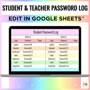 May include: A laptop screen displays a "Student Password Log" spreadsheet. The spreadsheet is organized with columns for website, login, password, and notes. The text "EDIT IN GOOGLE SHEETS" is at the top. The background is light pink.