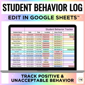 May include: A laptop screen displays a student behavior log template. The spreadsheet includes columns for student name, date, time, location, and class period. The text at the top reads "Student Behavior Log" and "Edit in Google Sheets."