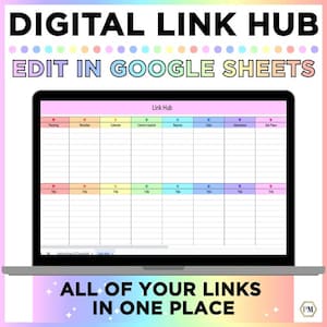 May include: A laptop screen shows a digital link hub spreadsheet, with the text "EDIT IN GOOGLE SHEETS." The spreadsheet has colourful headers and rows. The image also includes the text "ALL OF YOUR LINKS IN ONE PLACE."