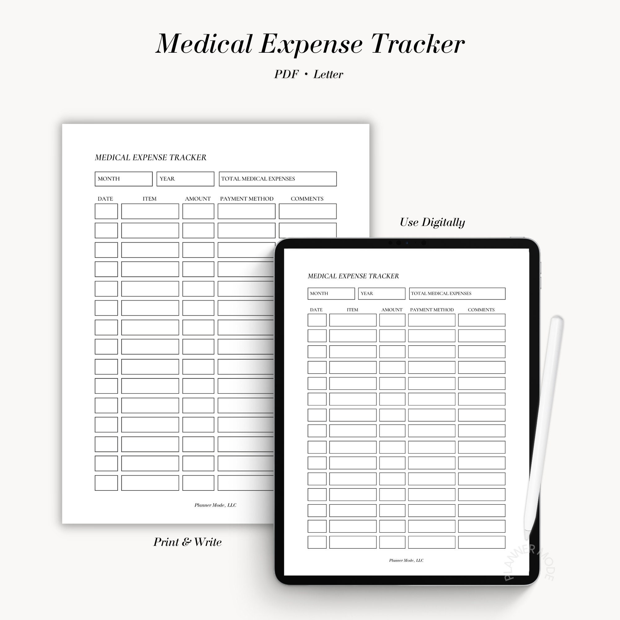 Medical Expense Tracker, Expense Log, Medical Expenses, Medical Inserts