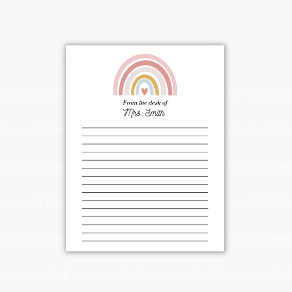 Teacher Lined Rainbow Notepad, Office Notepad, Personalized Stationary, Printable Teacher Template, A Note from Teacher, Editable |