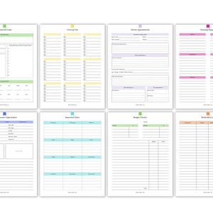 May include: Printable planner pages with colorful tabs. The pages include sections for financial goals, an evening checklist, doctor appointments, cleaning supplies, job information, important dates, a budget tracker, and a motivation list.