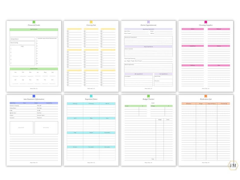 May include: Printable planner pages with colorful tabs. The pages include sections for financial goals, an evening checklist, doctor appointments, cleaning supplies, job information, important dates, a budget tracker, and a motivation list.