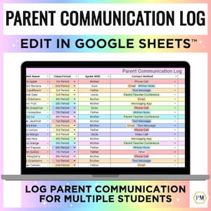 Könnte beinhalten: Ein Laptop-Bildschirm zeigt eine Vorlage für ein "Eltern-Kommunikationsprotokoll" in Google Sheets. Die Tabelle ist mit Spalten für Schülernamen, Unterrichtszeiten und Kontaktmethoden organisiert. Der Text "Edit in Google Sheets" steht oben.