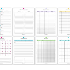 May include: Printable planner pages with a variety of layouts, including a weekly planner, meal planning schedule, doctor appointments, exercise log, cleaning challenge, family meeting notes, bill tracker, and a blank grid. The pages are designed with colorful headers and borders.
