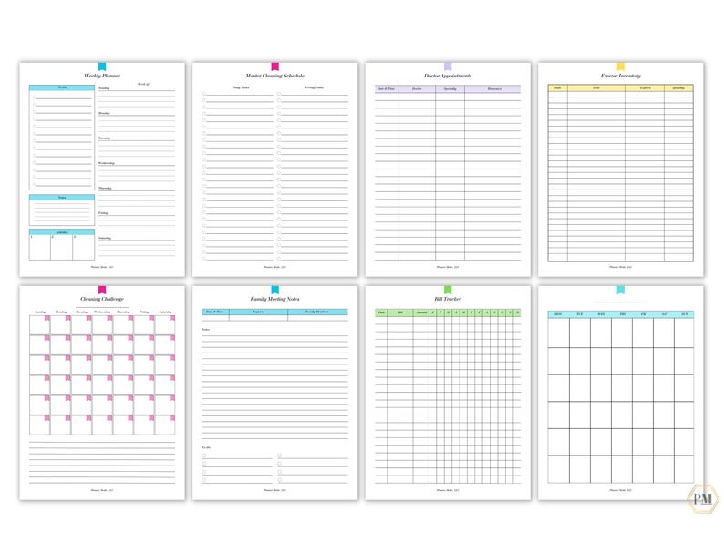 May include: Printable planner pages with a variety of layouts, including a weekly planner, meal planning schedule, doctor appointments, exercise log, cleaning challenge, family meeting notes, bill tracker, and a blank grid. The pages are designed with colorful headers and borders.