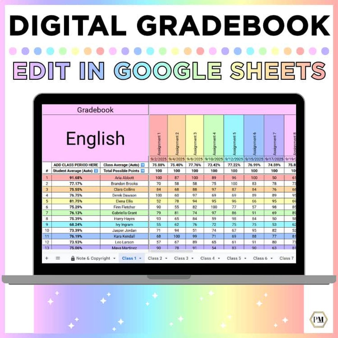 Digital Gradebook, Google Sheets Template, Editable Teacher Grade Book ...