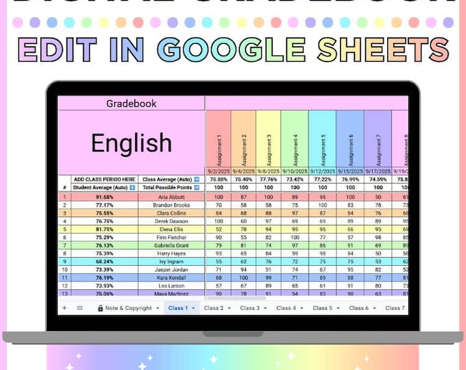 Digital Gradebook, Google Sheets Template, Editable Teacher Grade Book ...