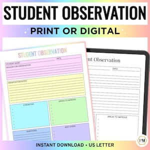 Peut inclure: Un formulaire d'observation des élèves avec des blocs de couleurs pastel pour les notes, les points forts, les domaines à améliorer, les questions et les prochaines étapes. Le texte "Student Observation" et "Print or Digital" sont en haut.