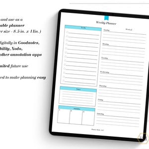 May include: A weekly planner on a tablet screen. The planner has sections for "To Do", "Notes", "Activities", and each day of the week. The planner is designed to be printed or used digitally.