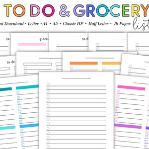 May include: Printable to-do and grocery lists with colorful accents. The lists have a simple design with lines for writing and checkboxes. The text "TO DO & GROCERY lists" is at the top of the page.