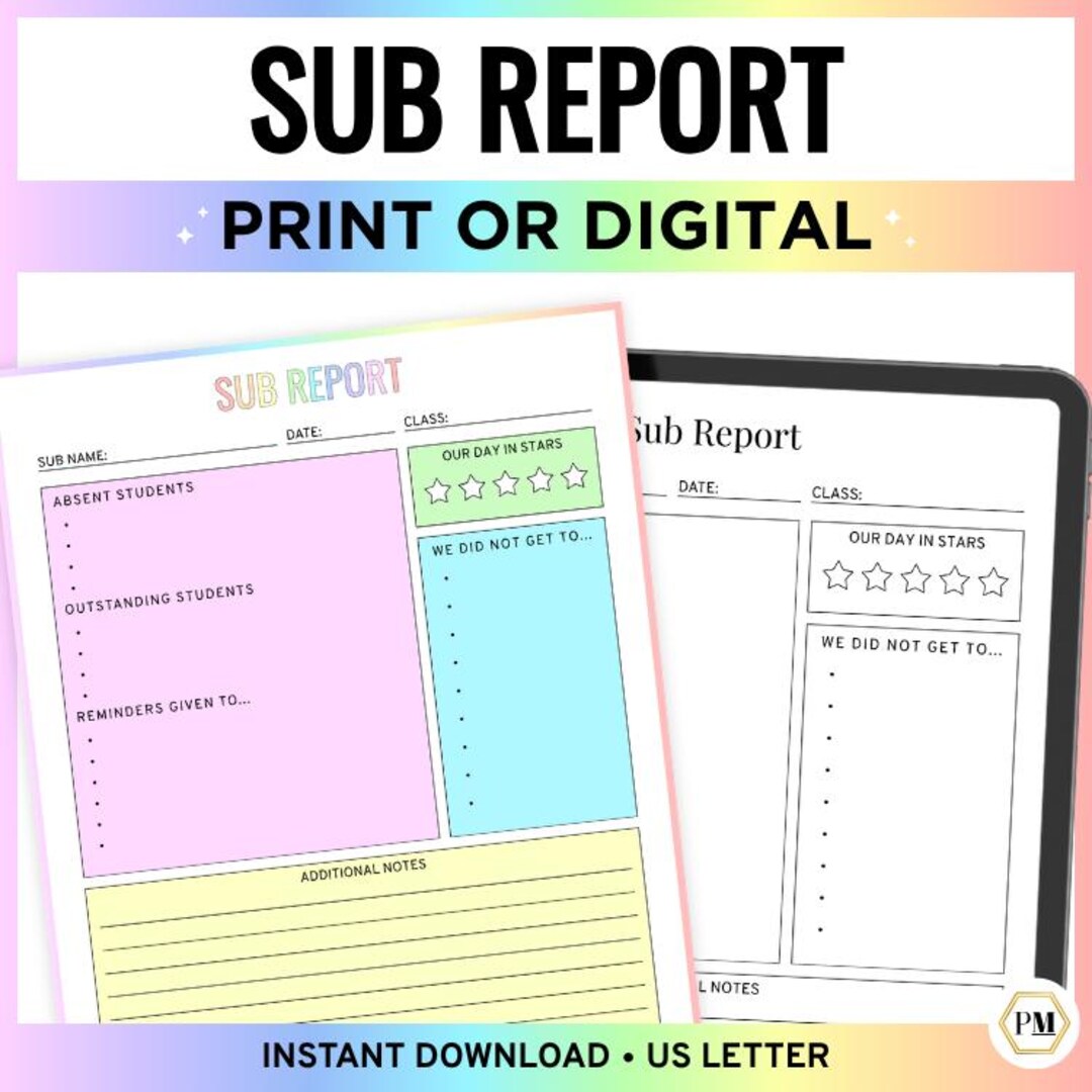 Sub Report, Substitute Teacher Sub Report, Sub Note, Sub Feedback Form ...