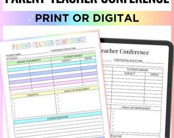 Peut inclure: Un formulaire de conférence parents-enseignants numérique et imprimable. Le formulaire comprend des sections pour les notes des élèves, les devoirs manquants, les domaines d'amélioration et le comportement des élèves. Téléchargement instantané au format US Letter.