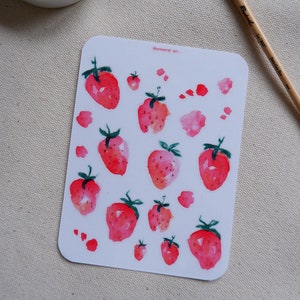 Hoja de pegatinas de fresas de acuarela A6, pegatinas brillantes de flores para diarios, planificadores y álbumes de recortes, troqueladas, hechas a mano y ecológicas.