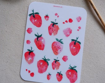 Watercolor Strawberries Sticker Sheet A6 Glossy Flower Stickers for Journals Planners Scrapbooks Kiss Cut Handmade Eco Friendly