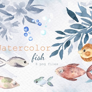 Watercolor fish water tropical fish clip art bubbles png files instant download underwater themed wall art scrap booking invitation clipart