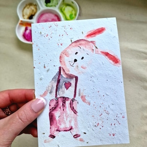 Carte de voeux mignon lapin fleurs sauvages à planter - Fraise - Papier semences écologiques peintes à la main - Carte d'anniversaire ou de remerciement durable