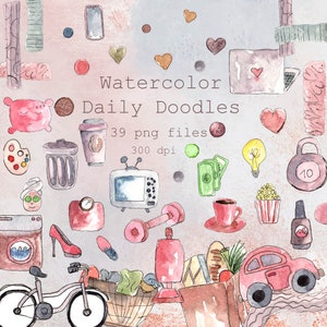 Puede incluir: Un conjunto de 39 ilustraciones de acuarela de objetos cotidianos, que incluyen una taza de café, una bombilla, una bicicleta, una mancuerna, un cubo de basura, una cámara, un televisor, un coche, una bolsa de la compra, una paleta de pintura, una almohada, una tetera, una pesa, un portátil, una taza de café, un cubo de palomitas de maíz, una botella de esmalte de uñas, una lavadora, un par de tacones altos, una cesta de la compra y un teléfono. Las ilustraciones están en estilo acuarela y son perfectas para usar en scrapbooking digital, creación de tarjetas y otros proyectos de manualidades. Watercolor Daily Doodles 39 archivos png 300 dpi
