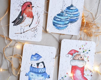Christmas cards set of 4| Plantable seed paper card | Eco Christmas postcard | Textured paper Christmas card | Christmas plantable