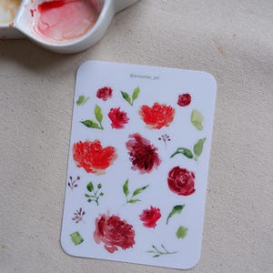 Hoja de pegatinas florales de acuarela A6, pegatinas brillantes de flores para diarios, planificadores y álbumes de recortes, troqueladas, hechas a mano y ecológicas.