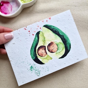 Wenskaart met plantbare wilde bloemenavocado – aardbei – milieuvriendelijk, handgeschilderd stekpapier – duurzame verjaardags- of bedankkaart