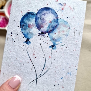 Tarjeta de papel con semillas plantables con globo azul, tarjeta con semillas hecha a mano, tarjeta de agradecimiento, tarjeta de cumpleaños, tarjeta de pronta recuperación