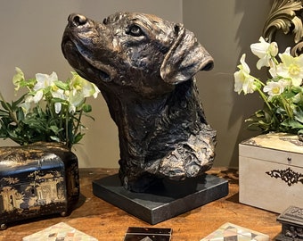 Everyone needs a Labrador in their drawing room or bed ! A Solid Bronze Life Size Head Study Sculpture of a Labrador Retriever on base