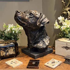 Everyone needs a Labrador in their drawing room or bed ! A Solid Bronze Life Size Head Study Sculpture of a Labrador Retriever on base