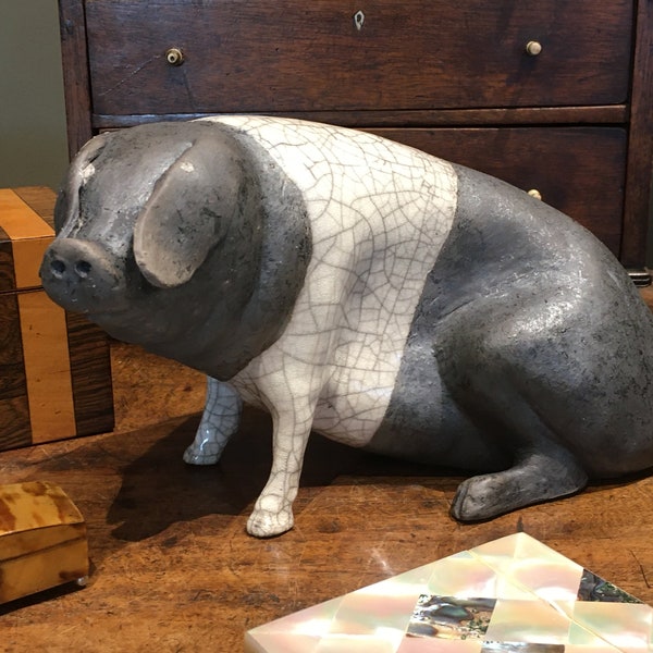 This little piggy didn’t go to market! A handsome and unique  Raku Pottery Saddleback Pig handmade in the United Kingdom