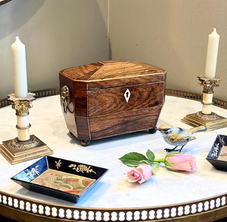 If you don’t have anything nice to say come sit by me Wickham,Lady Catherine said at tea holding an Antique Georgian Rosewood Tea Caddy,