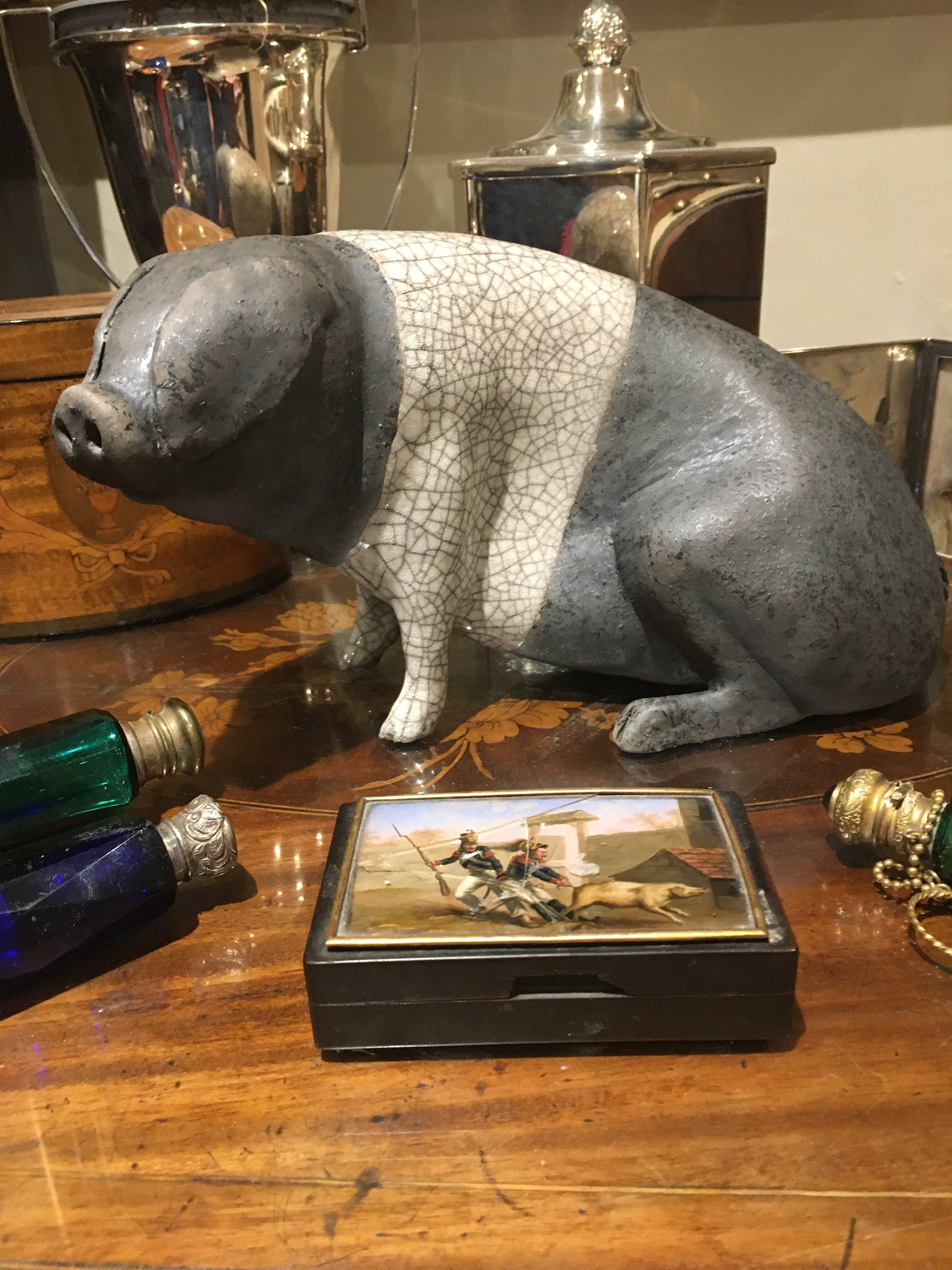 A handsome Raku Saddleback Pig sculpture with a cheeky Etsy