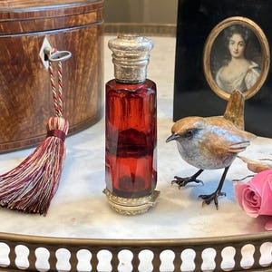 Può includere: Un flacone di profumo in vetro rosso con tappo e base color argento. Una statuetta decorativa di uccello e una rosa rosa sono accanto al flacone. Una scatola di legno e un ritratto incorniciato sono sullo sfondo.