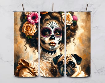 Day of the Dead Portrait with Pug, Tumbler Sublimation Design (PNG & PDF)