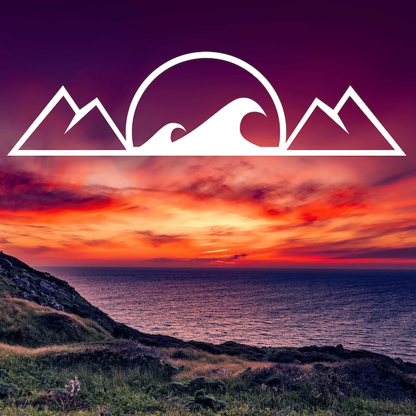 Ocean Mountains and Sun Vinyl Decal, Waves and Mountains Decal, Explore, Outdoors, Nature, RV Decal, Car Window Decals, Beach, Camper decal