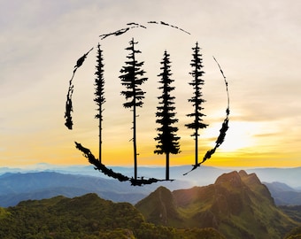 May include: A black graphic design featuring four pine tree silhouettes arranged vertically within a circular, textured border. The design is overlaid on a scenic landscape of rolling green mountains under a soft, golden sunset sky.
