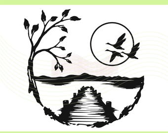 Lake and Dock Scene SVG: Geese, Camper Decal (Digital Download)