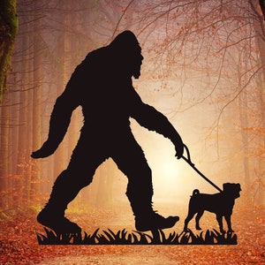 Bigfoot Walking a Pug Decal, Bigfoot Walking Dog, Bigfoot Walking Bulldog, Boston Terrier, Outdoors Decal, Sasquatch decal,