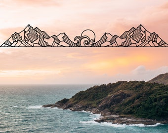 May include: A black metal wall art piece featuring a continuous line design of jagged mountain peaks and a stylized ocean wave with a circular sun, set against a backdrop of a coastal landscape with a sunset sky over the ocean.