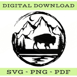 Buffalo SVG File, Bison PNG, Digital Download, Bison Mountains Digital File, Decal, Cut Files, Buffalo Round Designs, T-shirt design,