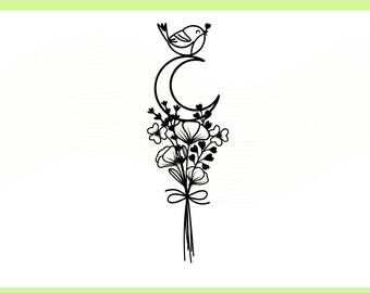 Bird Moon Wildflower Bouquet SVG, PNG, PDF (Digital Download)