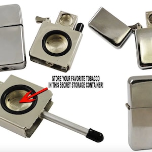 May include: A collection of silver metal lighters, some open and some closed, with a secret storage container for tobacco. The text reads: "STORE YOUR FAVORITE TOBACCO IN THIS SECRET STORAGE CONTAINER!"