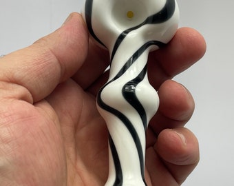 4” Handmade Black Twist Swirl White Glass Gold Foil Pipe Bowl + FREE Soft Pouch & MYSTERY GIFT