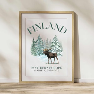 Arte de pared imprimible finlandés, impresión finlandesa, arte de alces de Finlandia, arte de pared finlandés, regalo de Finlandia, cartel finlandés, decoración de Finlandia