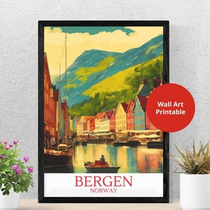 Bergen Norway Vintage Printable Png file, Norway Printable Art, Norwegian Wall Decor, Norwegian Gift, Bergen  Wall Art