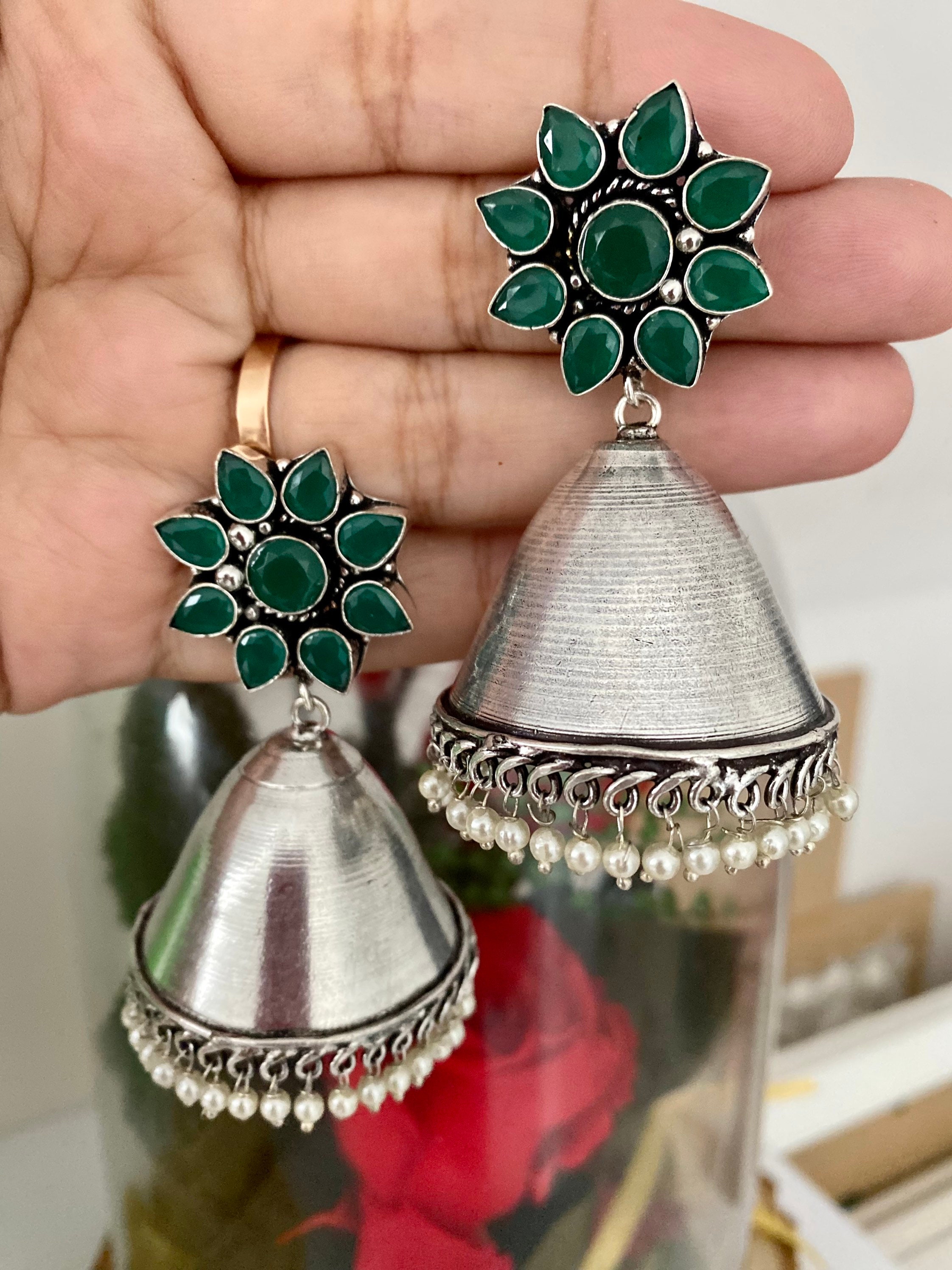Silver big deals jhumkas