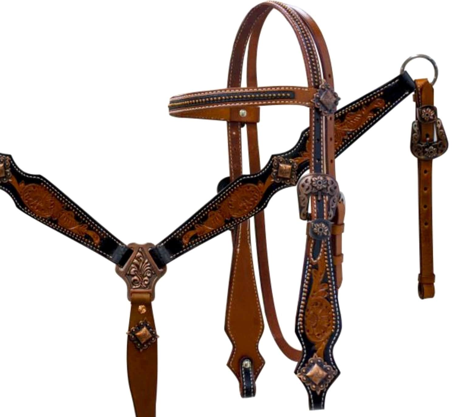 Bridle Breast Collar Headstall Tack Set Horse Black Leather Copper